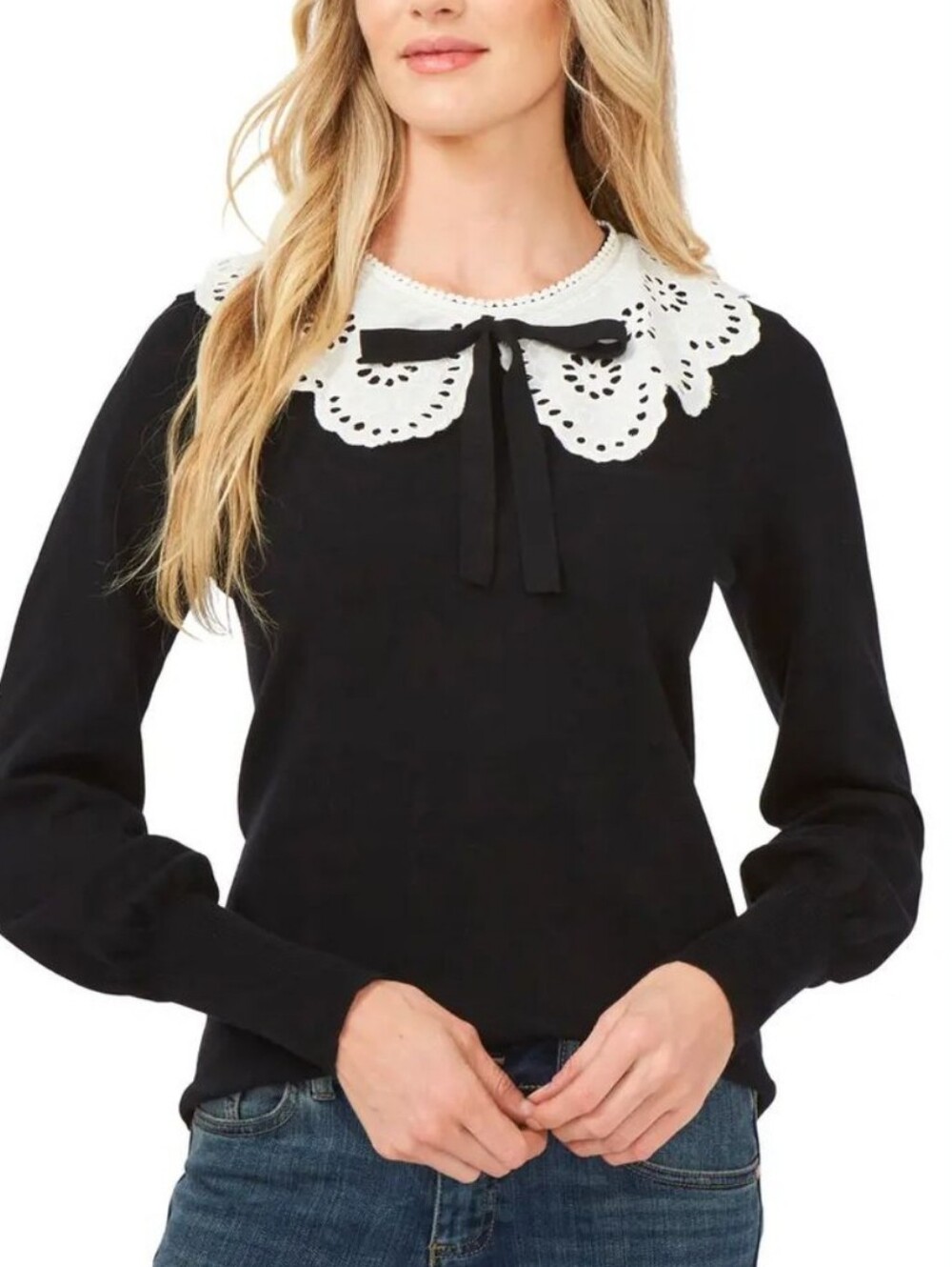 Cece Black Long-Sleeve Top with White Scalloped Peter Pan Collar